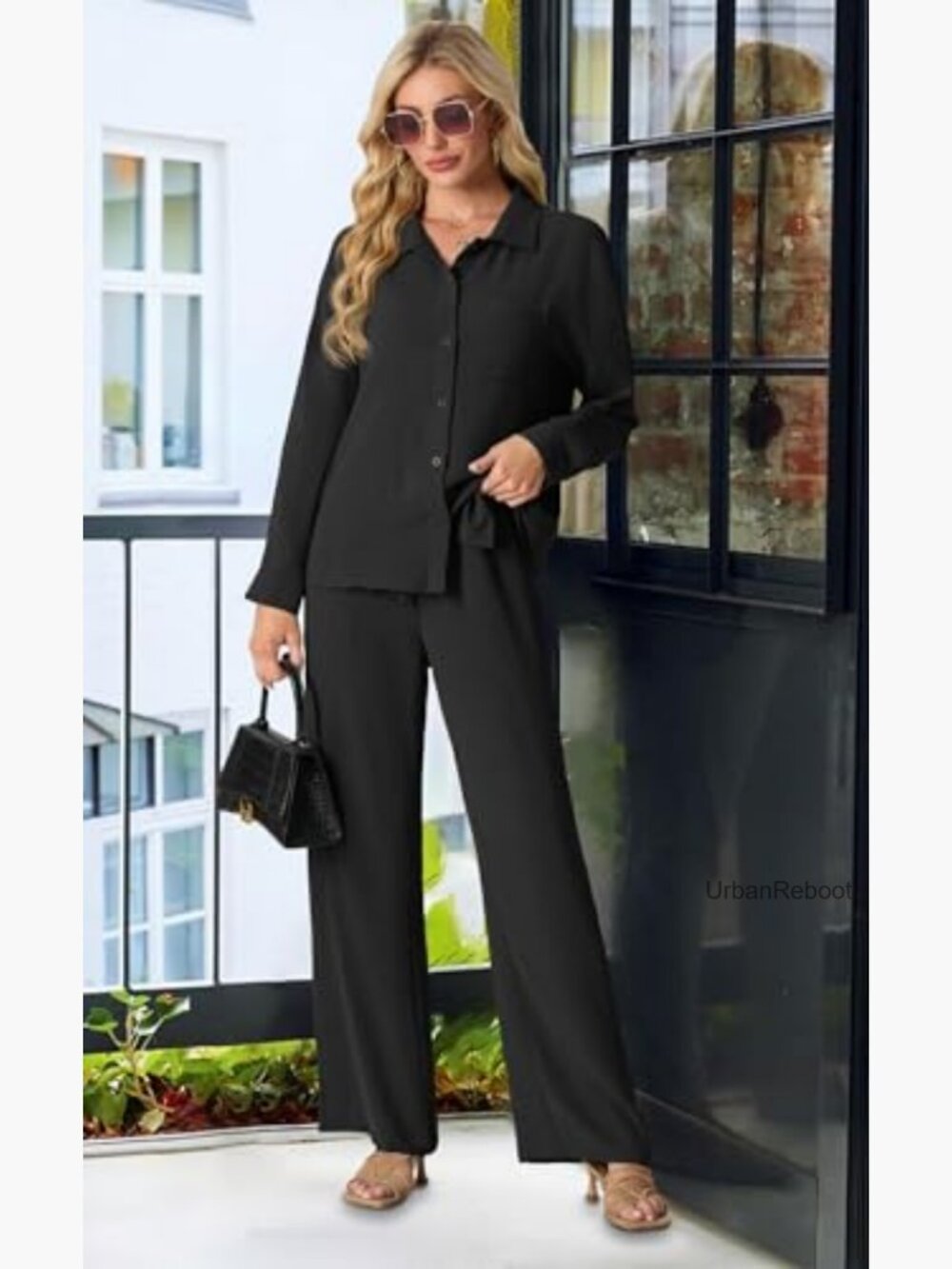 Womens Lounge Sets 2 Piece Outfits Button Down Shirt Wide Leg Pants Tracksuit - Picture 4 of 7